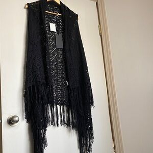 Black Crochet Fringe Vest - Women’s Open Front Vest